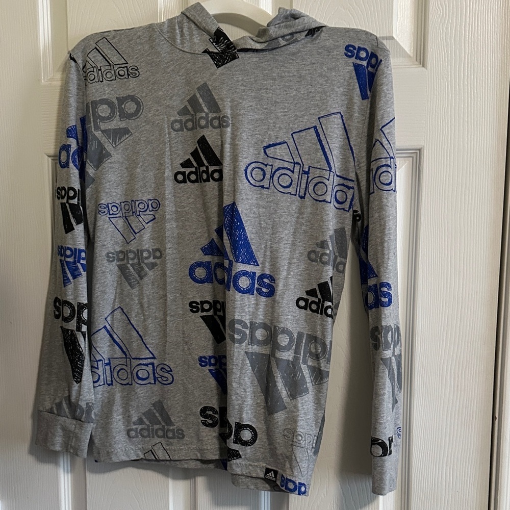 Adidas Boy’s Gray and Blue Graphic T-Shirt Hoodie Large 14/16